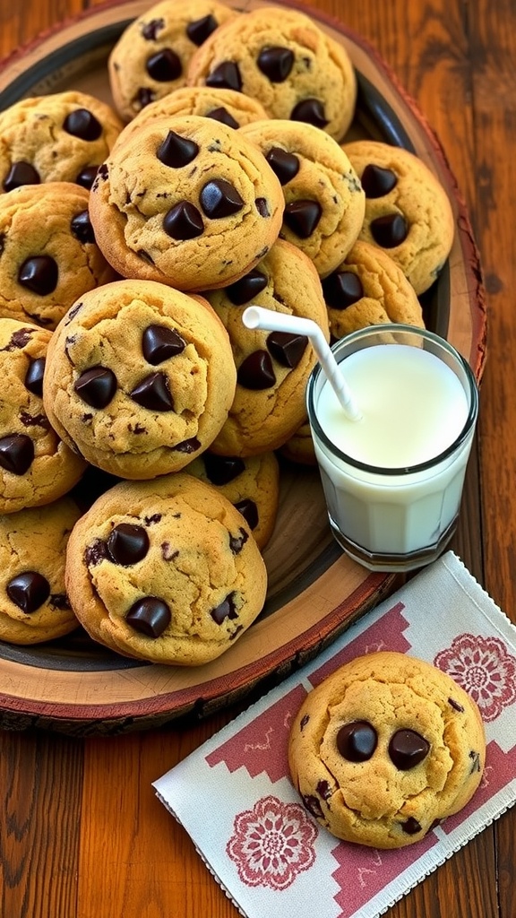 Golden brown chocolate chip cookies with melted chocolate chips, served with a glass of milk.
